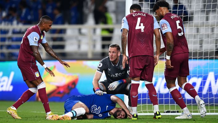 Concerned Aston Villa players rushed to check on  Armando Broja after he injured his knee