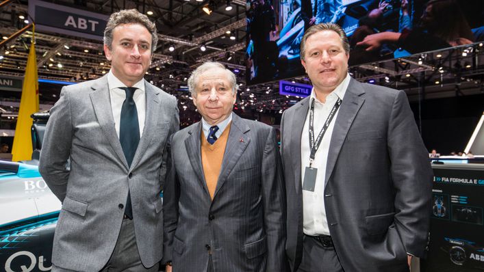 McLaren CEO Zak Brown, right, with Formula E founder Alejandro Agag, left, and FIA president Jean Todt (Pic: Formula E)