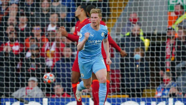 Kevin De Bruyne was on target for Manchester City at Liverpool last season