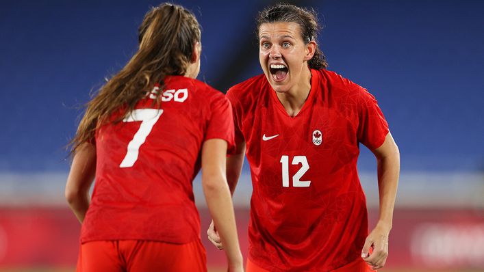Christine Sinclair and Julia Grosso celebrate winning Olympic gold