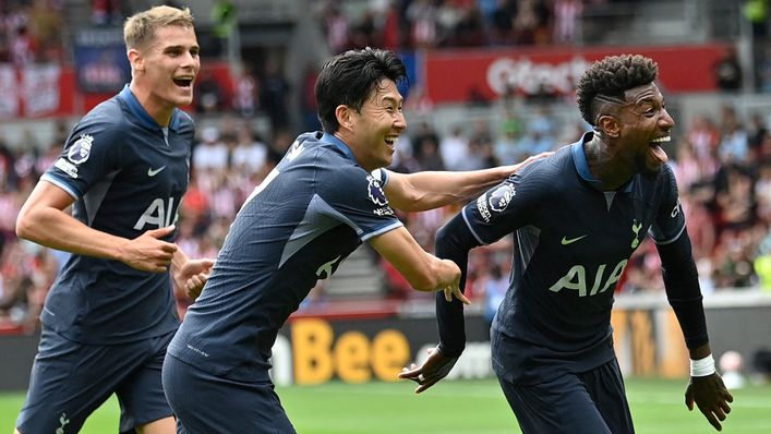 Tottenham celebrate their equaliser against Brentford in their new away kit