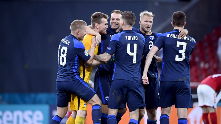 Finland celebrate their historic win over Denmark in their opening Euro 2020 match