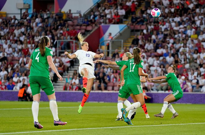 Alessia Russo rises highest to head home her first and England's third on the night