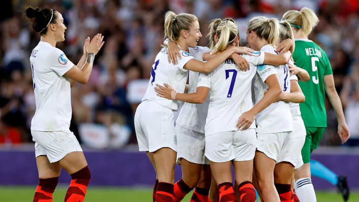 England celebrate Alessia Russo's second and the Lionesses' fourth against Northern Ireland