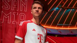 Thomas Muller models Bayern Munich's new home shirt for 2023-24