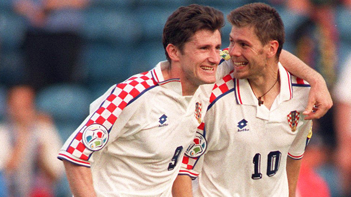 Davor Suker and Zvonimir Boban celebrate in Croatia's 3-0 win over Denmark at Euro 1996