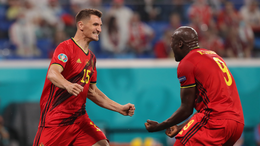 Thomas Meunier and Romelu Lukaku embrace after scoring in Belgium's matchday one win over Russia