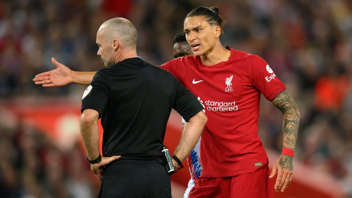 Referee Paul Tierney sent off Liverpool forward Darwin Nunez in the 57th minute of the Uruguayan's home debut