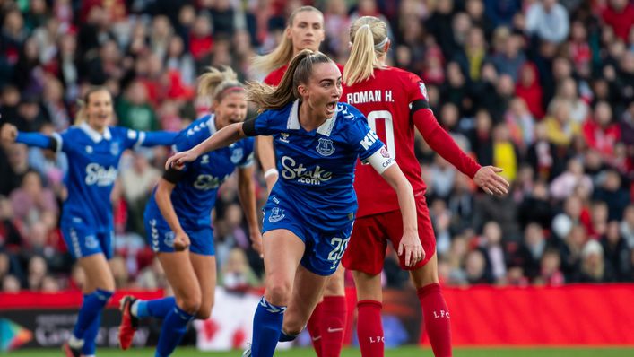 Megan Finnigan celebrates scoring Everton's winner at Liverpool