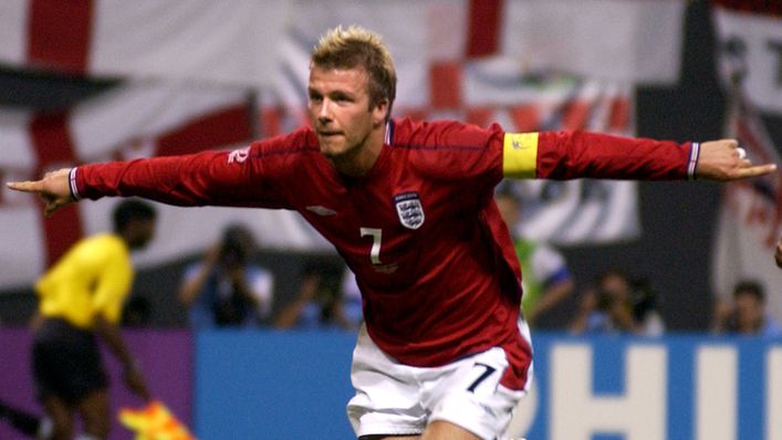 David Beckham celebrates scoring for England against Argentina