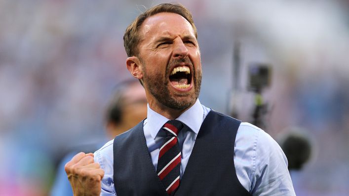 Gareth Southgate celebrates during England's 2018 World Cup campaign