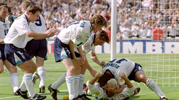 England celebrate Paul Gascoigne's iconic strike with the infamous 'dentist's chair' against Scotland at Euro 1996