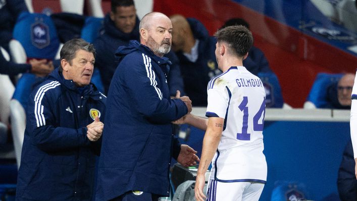 Steve Clarke congratulates Billy Gilmour during Scotland's defeat to France