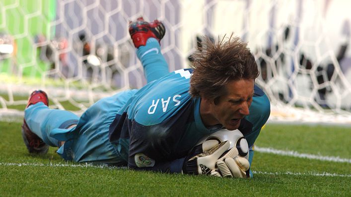 Edwin van der Sar in action during one of his 130 caps for the Netherlands