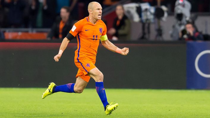 Arjen Robben celebrates scoring for the Netherlands at the World Cup