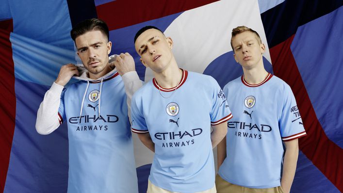 Jack Grealish, Phil Foden and Oleksandr Zinchenko model Manchester City's new home shirt