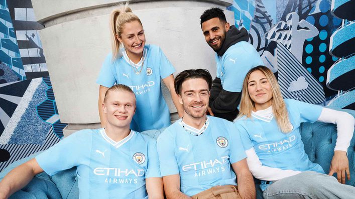 Erling Haaland and Riyad Mahrez took part in Manchester City's 2023-24 home kit launch