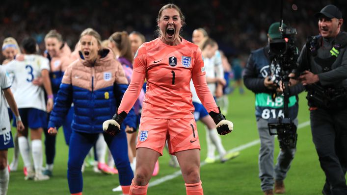 Mary Earps celebrates England's Finalissima win against Brazil