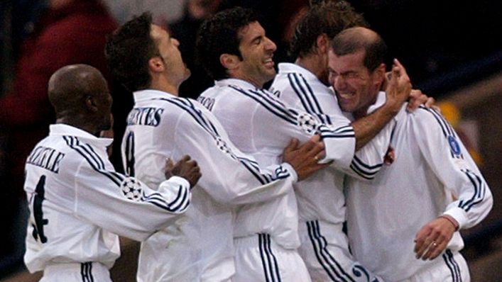 Real Madrid's Zinedine Zidane celebrates scoring his iconic volley in the 2002 final against Bayer Leverkusen