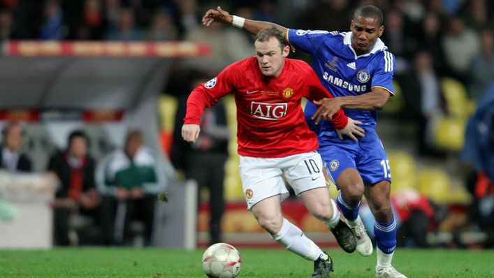 Manchester United's Wayne Rooney and Chelsea's Florent Malouda battle it out in the 2008 final