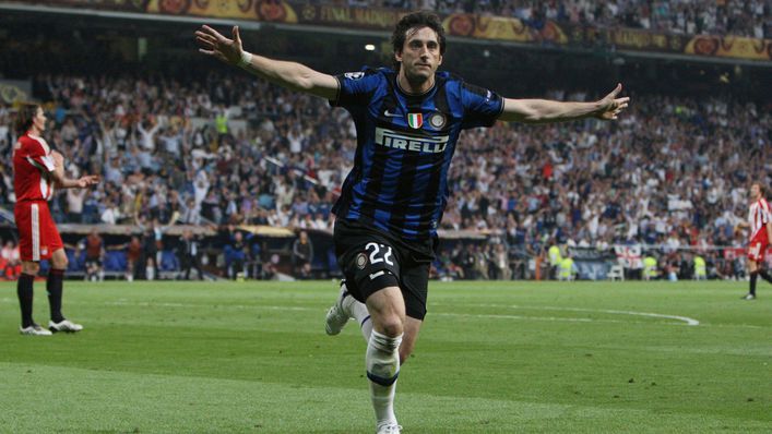 Inter Milan's Diego Milito celebrates scoring in the 2010 final