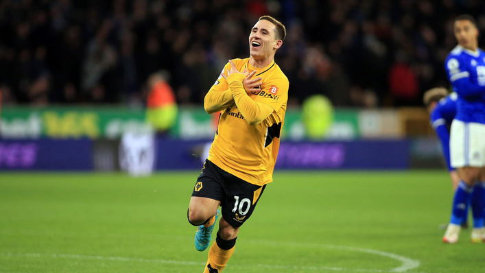 Daniel Podence wheels away in celebration after netting the winning goal for Wolves