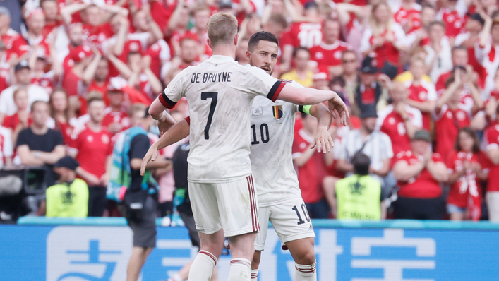 Kevin De Bruyne and Eden Hazard celebrate during Belgium's 2-1 win over Denmark on matchday two