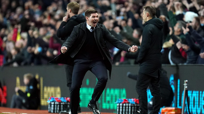Steven Gerrard celebrates his first victory as Aston Villa manager