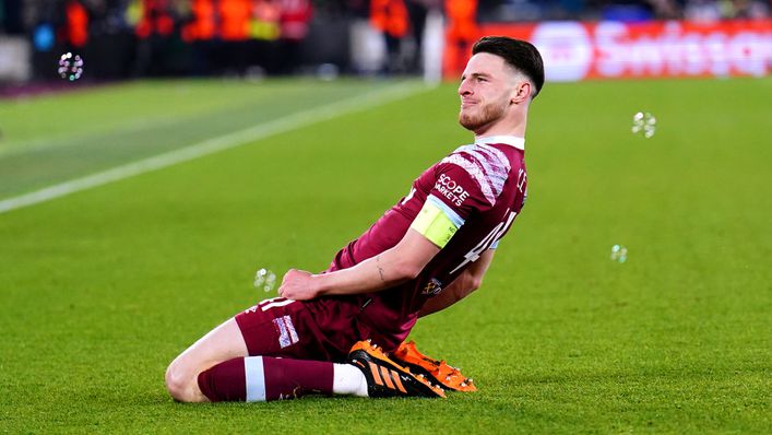 Declan Rice celebrates after scoring for West Ham against Gent