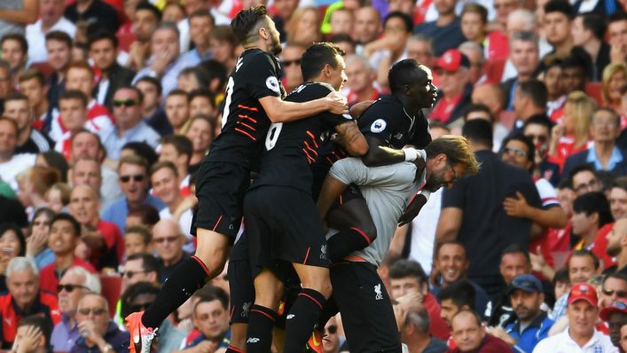 Sadio Mane celebrated his stunning debut goal with team-mates and manager Jurgen Klopp