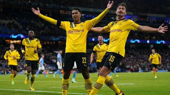 Jude Bellingham celebrates putting Borussia Dortmund 1-0 up against Manchester City in the Champions League