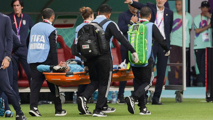 Iran keeper Alireza Beiranvand was eventually carried off on a stretcher after suffering a head injury