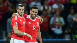 Hal Robson-Kanu celebrates his stunning Euro 2016 quarter-final strike with Gareth Bale