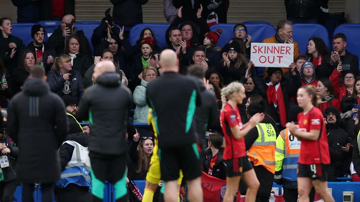 An anti-Marc Skinner sign was spotted in the crowd at Stamford Bridge
