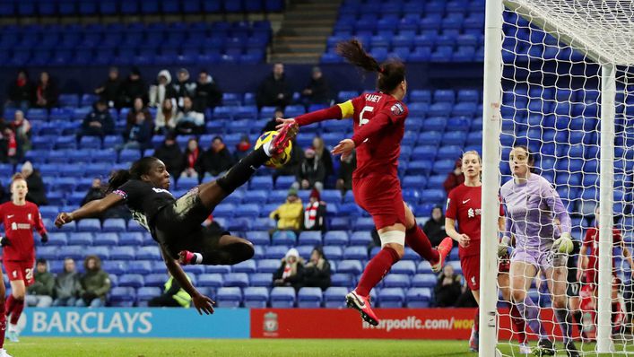 West Ham's Viviane Asseyi launches an acrobatic attempt on goal against Liverpool