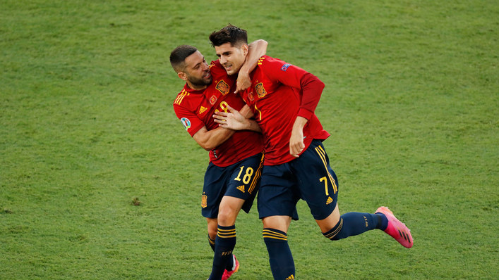 Alvaro Morata and Jordi Alba celebrate the former's goal against Poland