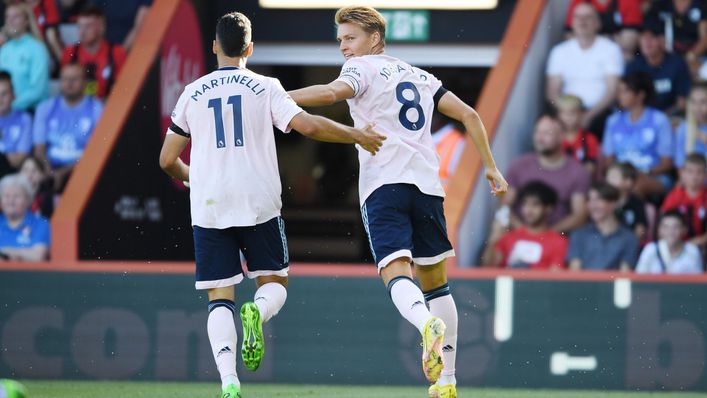 Martin Odegaard celebrates after opening the scoring for Arsenal against Bournemouth