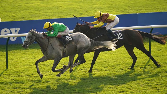Buzz (left) winning the Cesarewitch Handicap