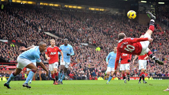 Wayne Rooney's haul features some spectacular strikes, including this acrobatic Manchester derby effort