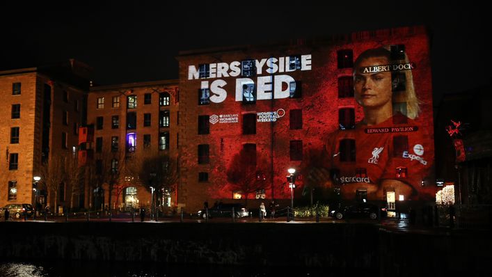 Katie Stengel's face was projected on to the Albert Dock ahead of the Merseyside derby