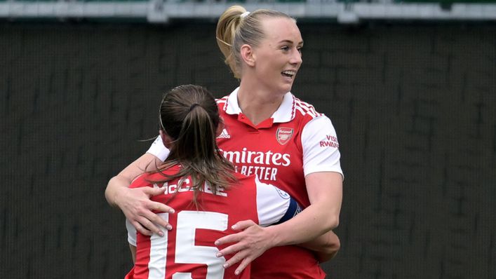 Stina Blackstenius celebrates after scoring a crucial equaliser for Arsenal in Germany