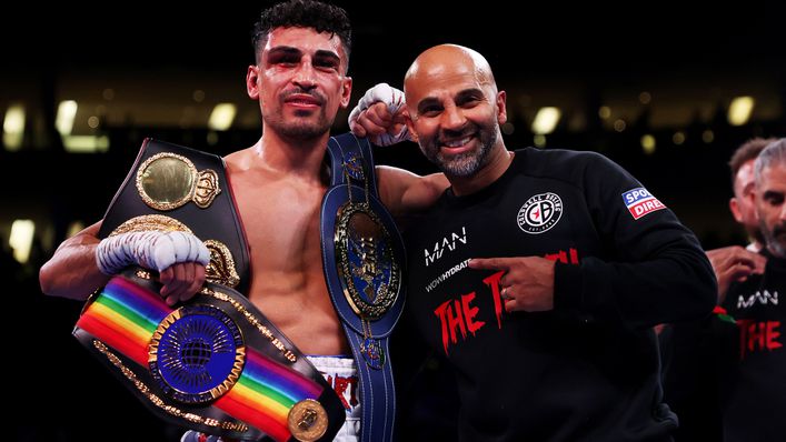 Dave Coldwell poses with Jordan Gill after he won the European title