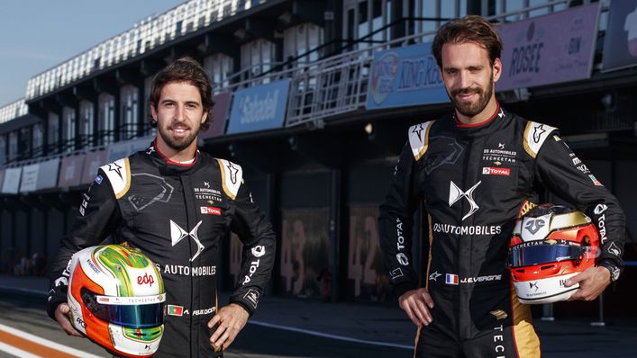 Defending Formula E champion Antonio Felix da Costa, left, with Techeetah team-mate and double champion Jean-Eric Vergne