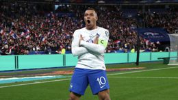 Kylian Mbappe celebrates his first goal of the evening