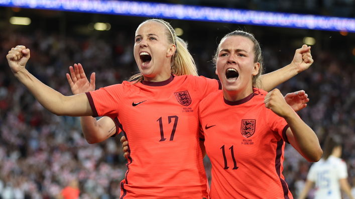 Beth Mead and Lauren Hemp celebrate after the former's goal for England in their rout of the Netherlands