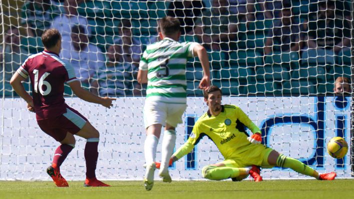 Mark Noble strokes his penalty past Vasilis Barkas to put West Ham 3-1 up against Celtic