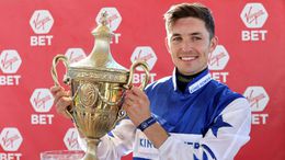 Jockey Kevin Stott celebrates after winning the Virgin Bet Ayr Gold Cup Handicap