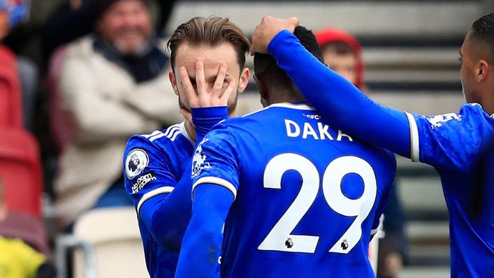 James Maddison celebrates with team-mate Patson Daka after scoring the winner