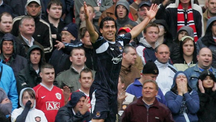 Carlos Tevez celebrates after keeping West Ham up against Manchester United