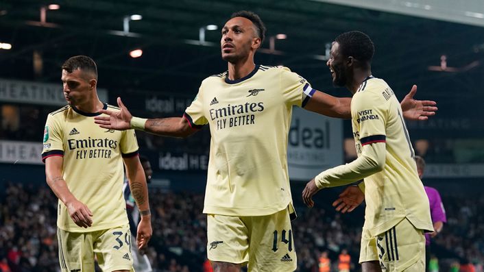 Hat-trick hero Pierre-Emerick Aubameyang celebrates scoring his third of the night against West Brom